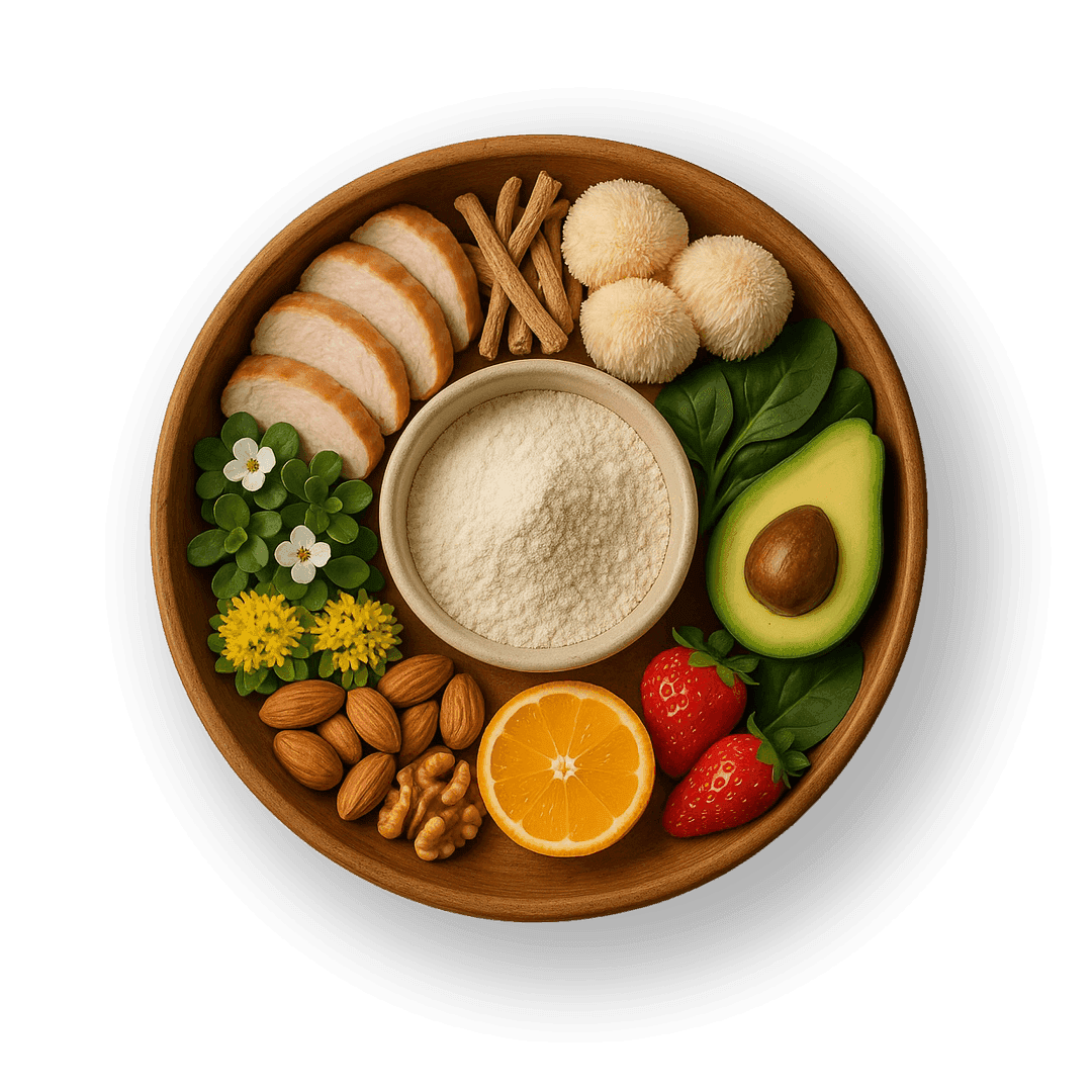 FlowVeda capsules in a bowl with whole-herb ingredients.
