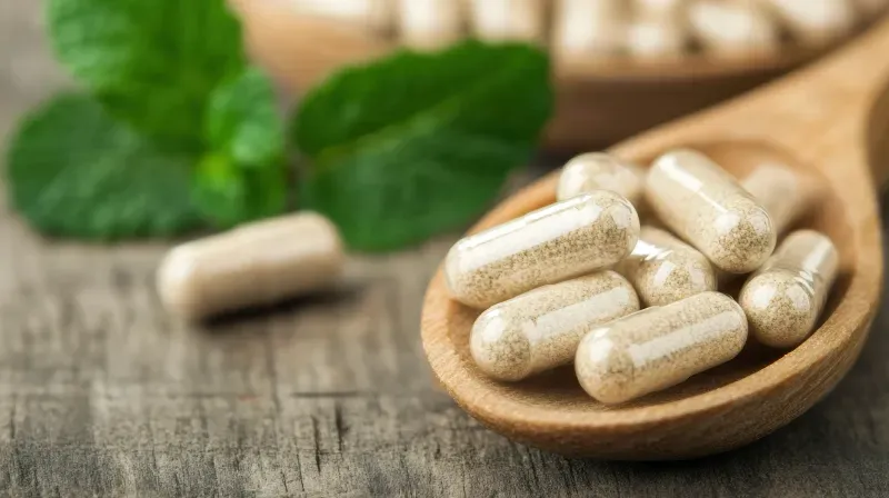 FlowVeda capsules on a wooden spoon with mint leaves